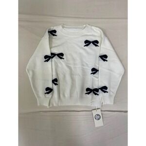QJQ Women White Bow Intarsia Knit Sweater Crewneck Long Sleeve Pullover NEW